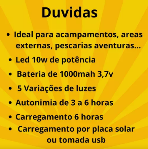 Lâmpada a Energia Solar Recarregável com Placa Solar, Luz Portátil