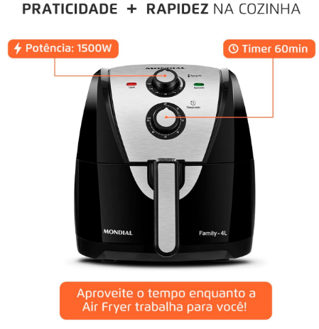 Air Fryer 4L Fritadeira Sem Óleo, Mondial, 1500W, 110V e 220V- AFN-40-BI