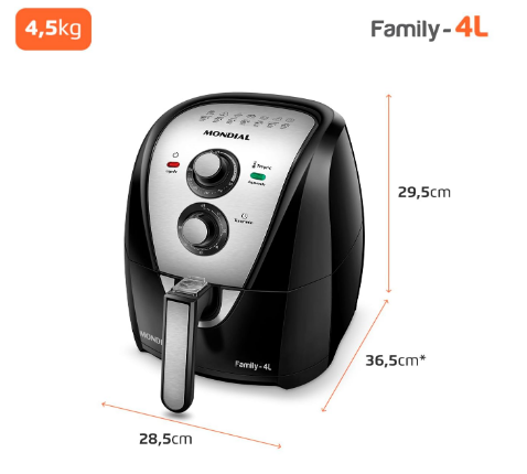 Air Fryer 4L Fritadeira Sem Óleo, Mondial, 1500W, 110V e 220V- AFN-40-BI