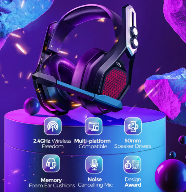 Fone de ouvido com microfone com cancelamento de ruído, Mpow-Iron Pro Wireless Gaming Headset USB, 3D Surround, Reprodução de 20h.