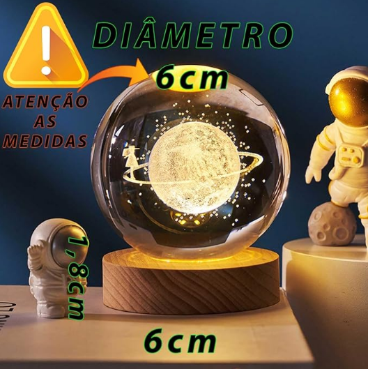 Esfera de Cristal com Galáxia Sistema Solar, LED Base Madeira Enfeite Decorativo